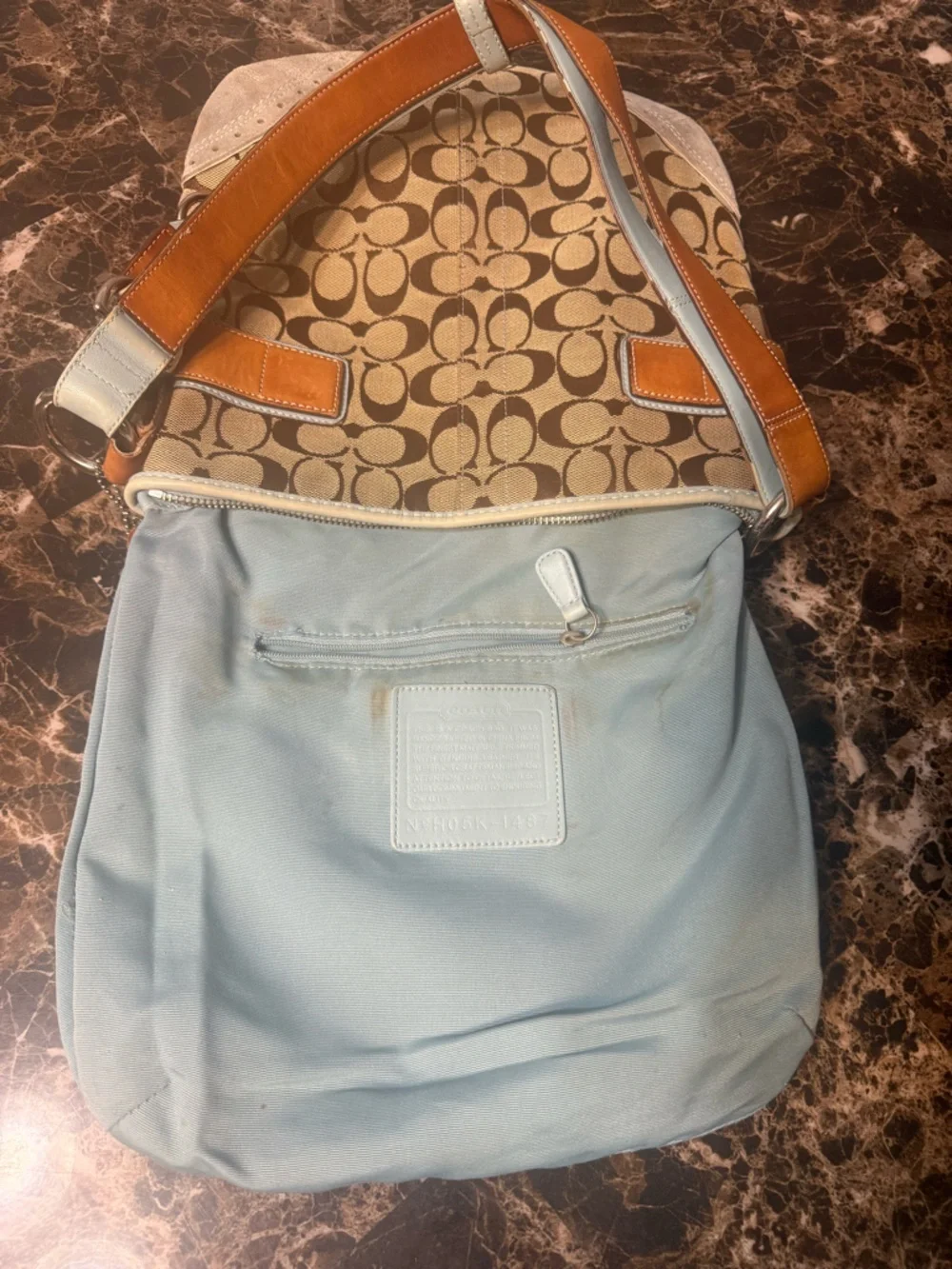 Coach Soho Signature Shoulder Bag Y2K 2006 Buckle Canvas Blue Trim
